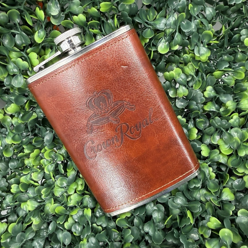 Crown Royal 8 oz Flask Leather Wrapped‎ Cover Stainless Steel